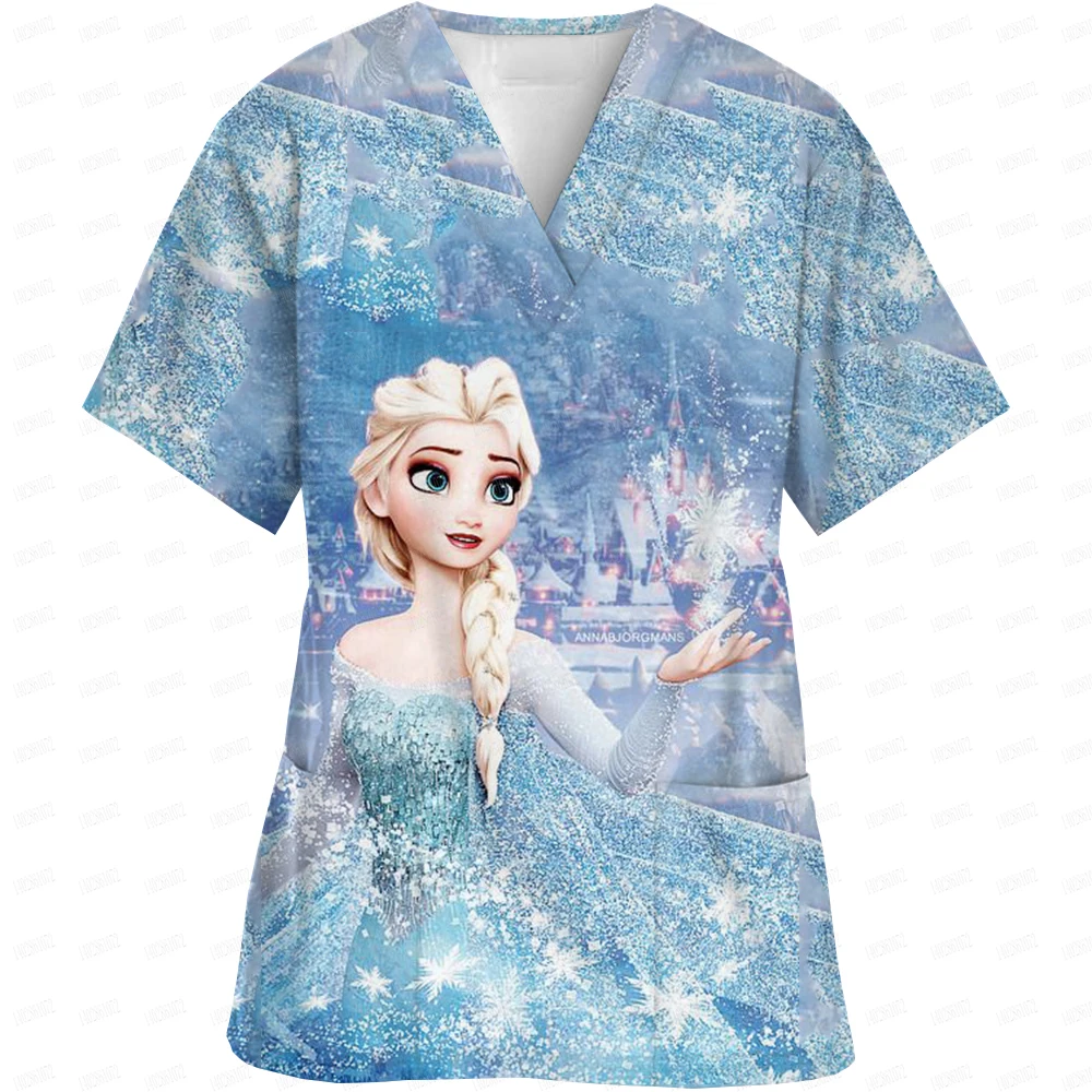 

Disney Princess Print Scrub Tops Women Dentist Working Uniform Nurse Scrub Uniformes Medicos Para Mujer Tooth Hospital Workwear