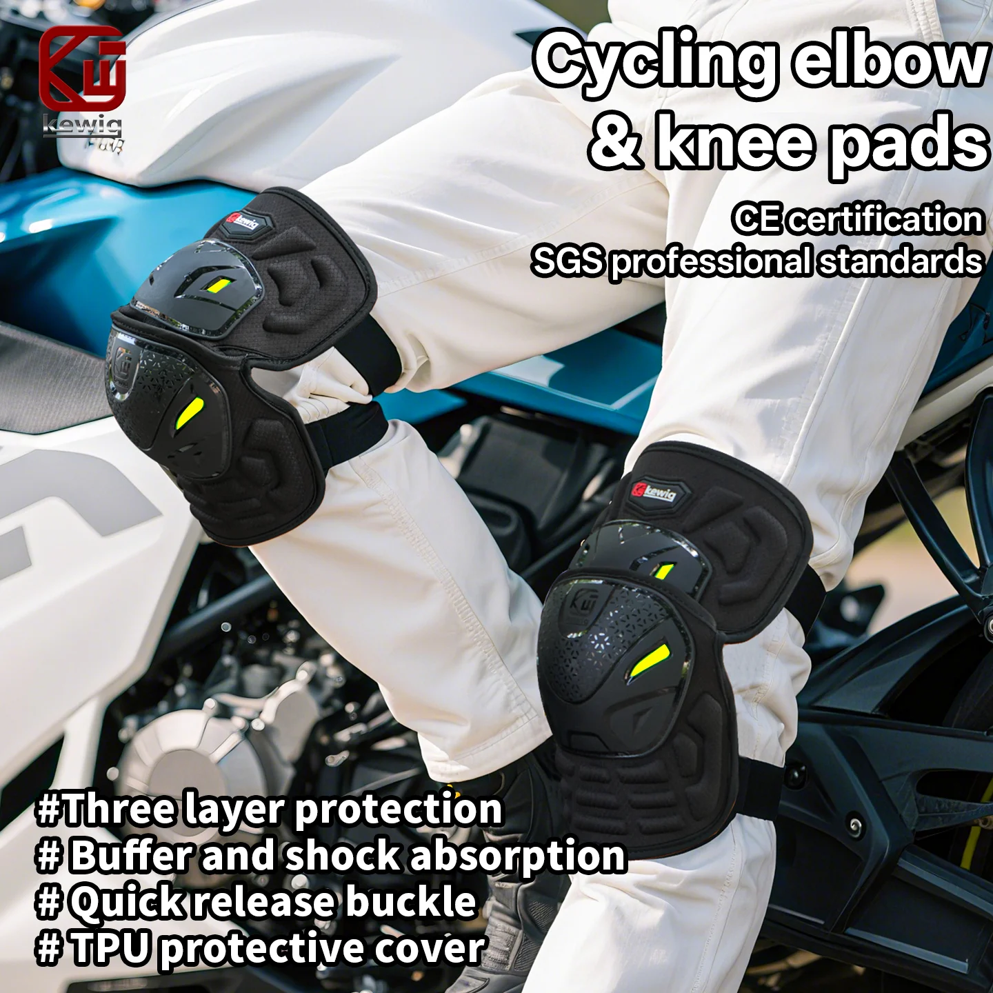 Kewig 2PCS Motorcycle Knee Pads TPU Shell Honeycomb EVA Quick Release Night Reflective 3-Layer Protection for Scooter Bicycle