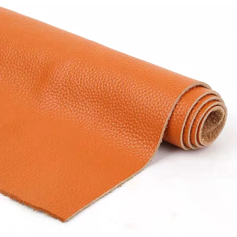 Orange Top Layer Cowhide Material Lychee Pattern Sofa Seat Headboard Soft Package Leather Fabric Honey Orange Real Cowhide Mater