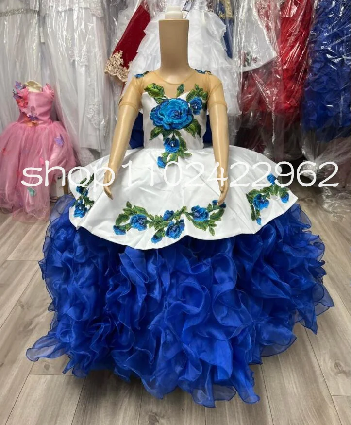 Gaun Mini Charro Meksiko biru putih gaun Quinceanera dengan rumbai pita Applique Floral gaun anak perempuan bunga putri kecil