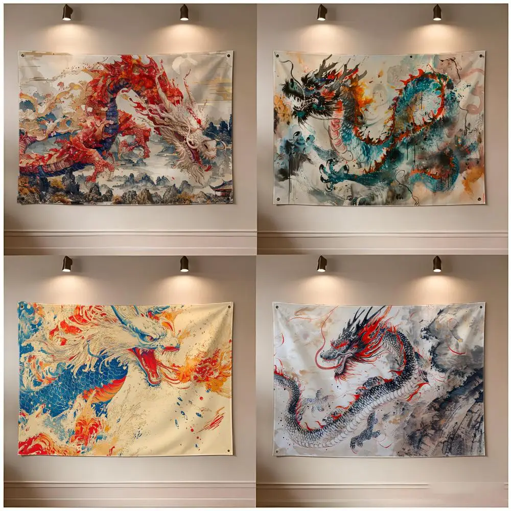 Mythical Oriental Traditional Dragon Flags Borderless Four Ring Ornament Indoor Outdoor Decoration Quick Hang Install