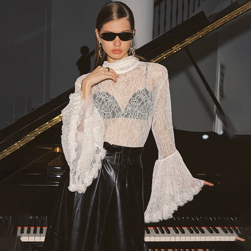 Tornova Sexy Spitze Damen T-Shirt Rüschenärmel Band Bluse Mode Pullover Top 2025, Herbst Winter Casual Büro Dame T-Shirt