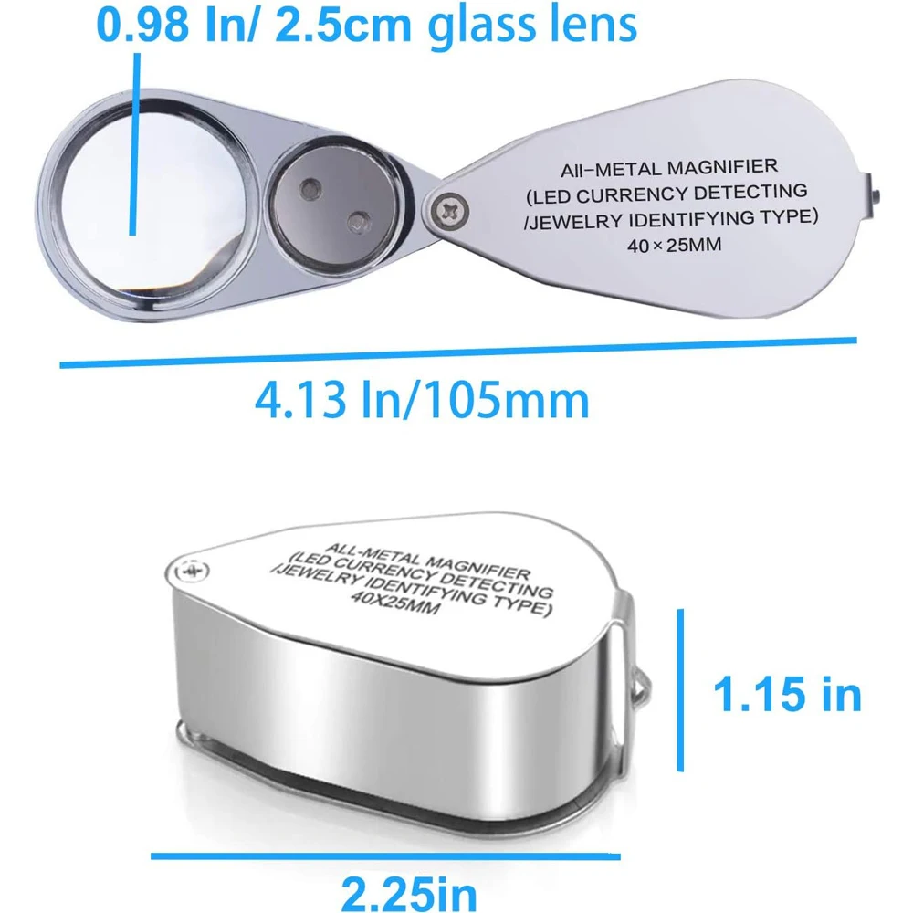 40X Pocket Loupe Magnifier Jewelry Magnifying Glass with Light LED/UV Illuminated Foldable Diamond Lupa Jewelers Eye Glass Tools