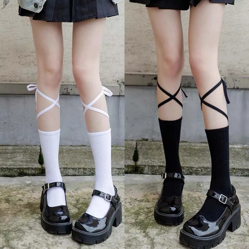 Fashion Women Sexy Lace-Up Cross Calf Socks Cute Preppy Sweet Girl Lolita Student Black Gothic Mid-Tube Socks