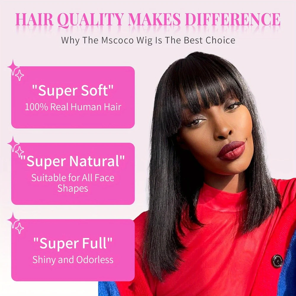 12A Upgraded Easy Wear Glueless Bob Wig 4x1 Lace Human Hair Straight Short Bob Wig with Bangs Brazilian Human Hair Wig for Women