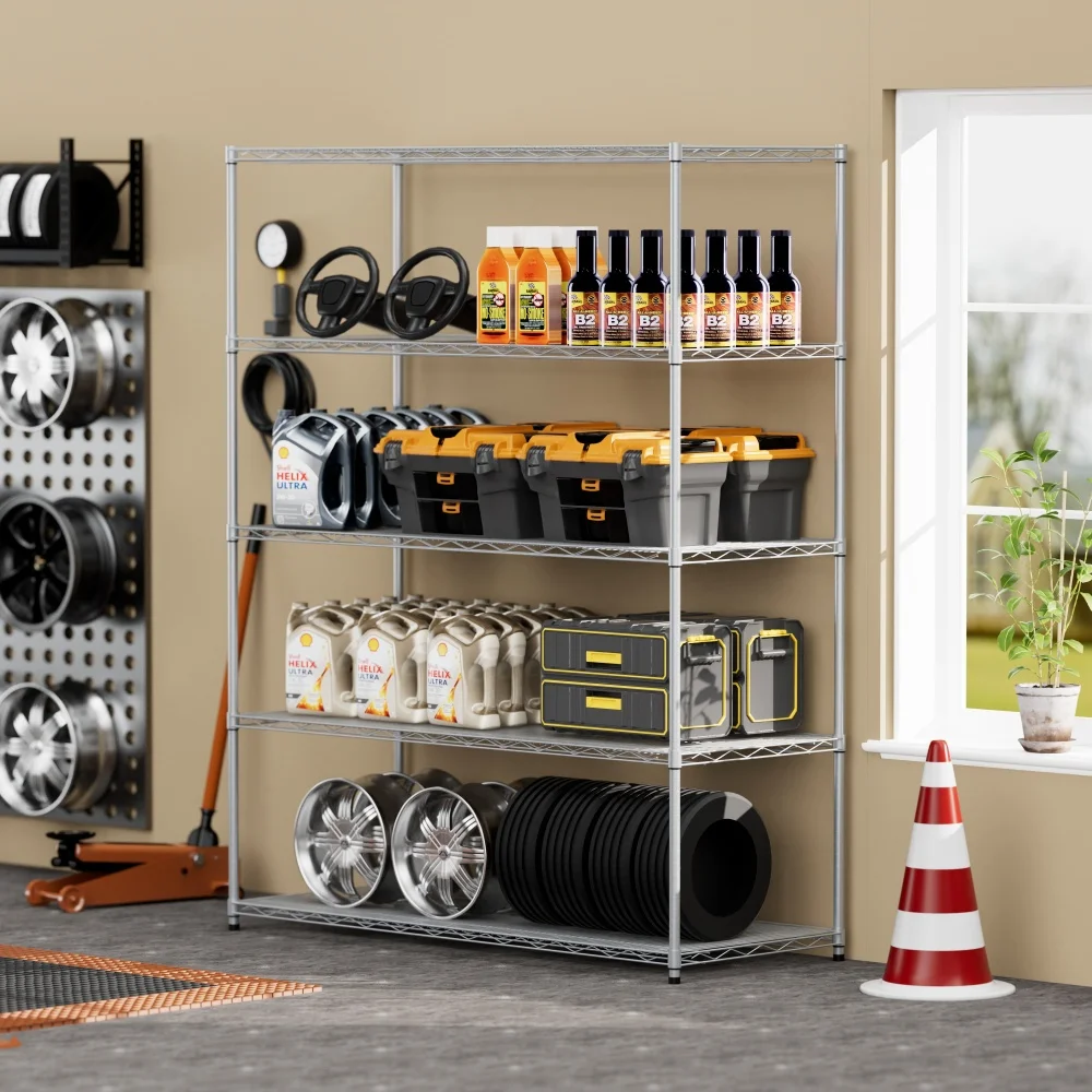 5-tier heavy-duty adjustable shelving & racking, 300 lbs/shelf, with wheels & shelf liners, supermarkets, kitchens.