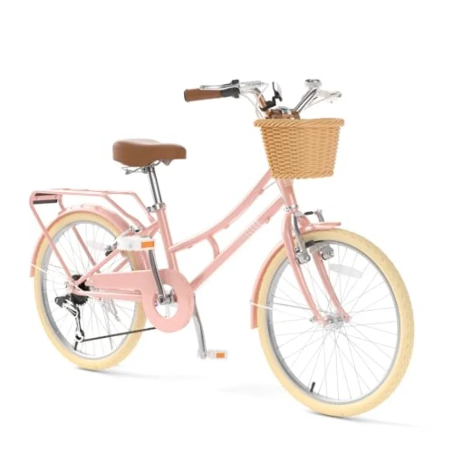 

Beach cruiser bike for girls over 6 years old: steel frame, pastel blue, 7-speed gearing and dual V-brakes for safety, includes