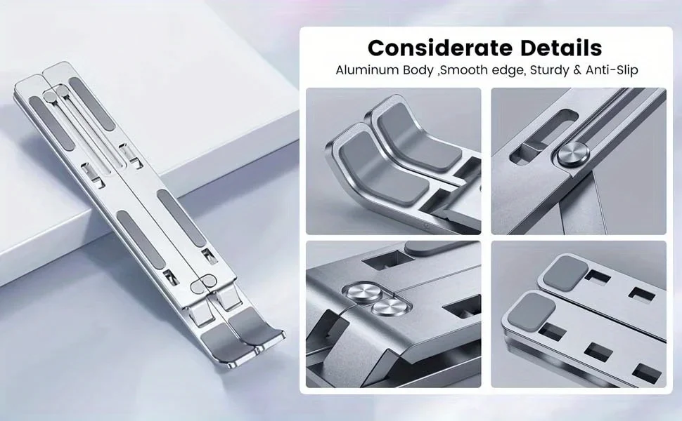 Adjustable Aluminum Laptop Stand - 6-Level Height, Foldable & Portable Design For 8-16” Laptops, Enhanced Ventilation & Heat