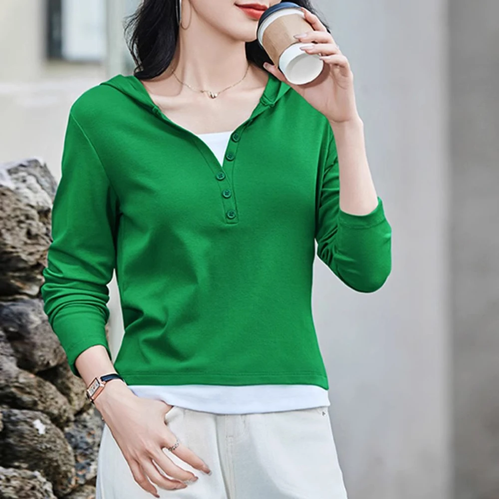 

Korean version pure cotton hooded long sleeved T-shirt for women in spring and autumn, new fashionable fake two-piece loose top