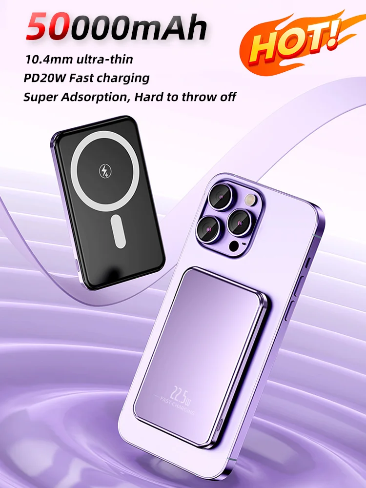 

50000mAh Magnetic High Capacity Power Bank PD22.5W Ultra-thin Metal External Portable Fast Charger for IPhone Xiaomi Samsung
