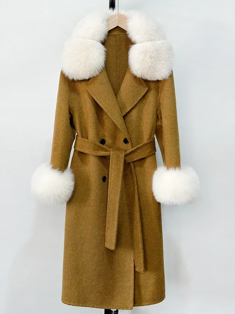 جديد الخريف الشتاء سيدة الموضة الدافئة الصلبة طويلة الصوف الحقيقي الفراء سترة الإناث الطبيعية الثعلب الفراء الكفة معطف الصوف الملابس السوداء