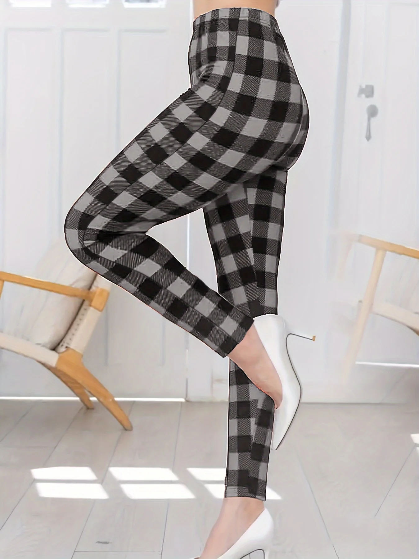 Women Fashion Plaid Printed Long Pants Casual High Waist Pencil Pants Ladies Elegant Slim Long Pants