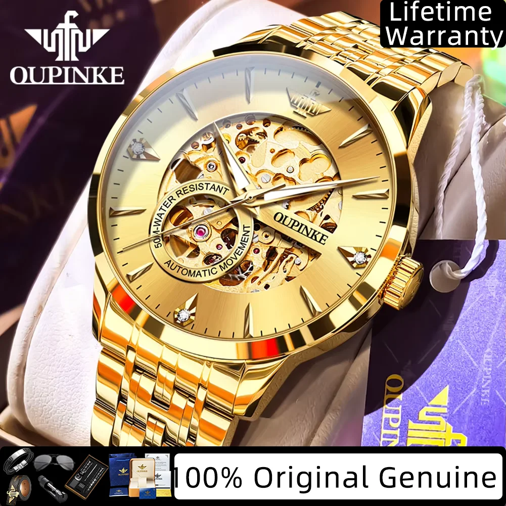 OUPINKE Watches for Man Double Sided Hollowed Sapphire Mirror Stainless Steel Waterproof Automatic Mechanical Men's Watches 3308