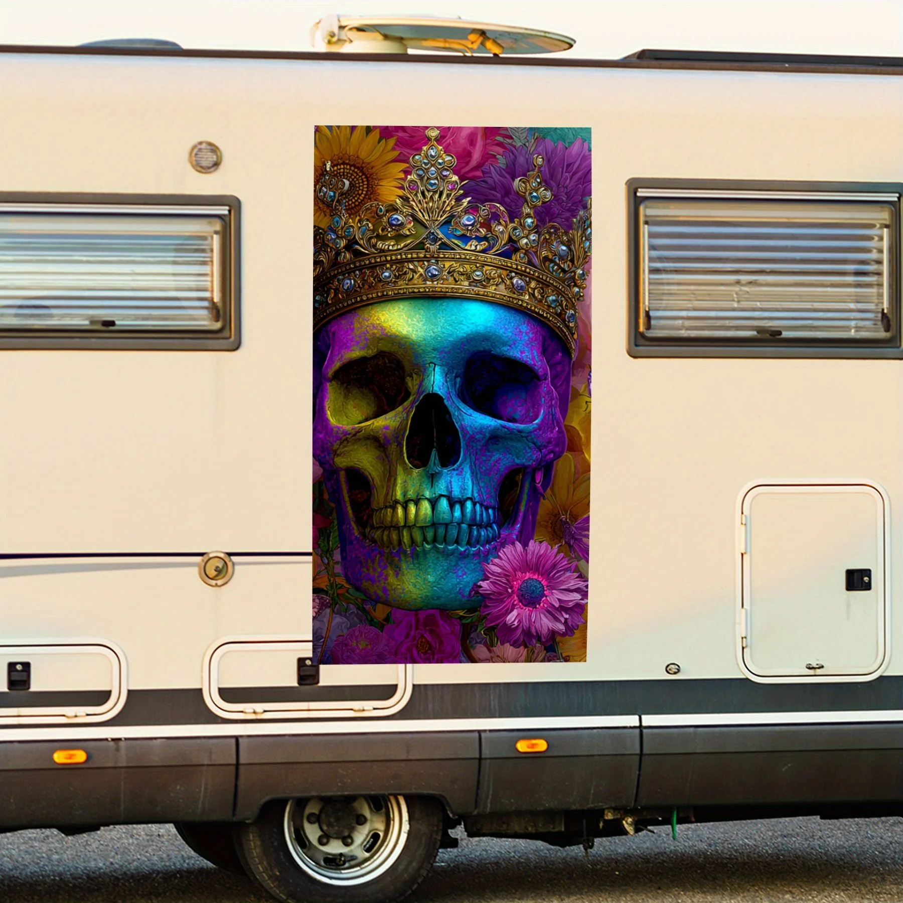 

Colorful Skull with Flowers and Crown Car Sticker,Waterproof Vinyl Decal for RV Side, Self - Adhesive Stickers to Decorate & Pro