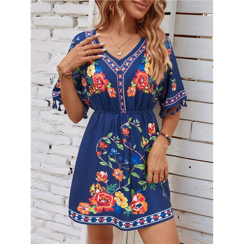 ABRT-Fiesta Haftowana meksykańska sukienka dla kobiet na wakacje na plaży Plus Size Letnie sukienki boho z krótkim rękawem i kieszenią