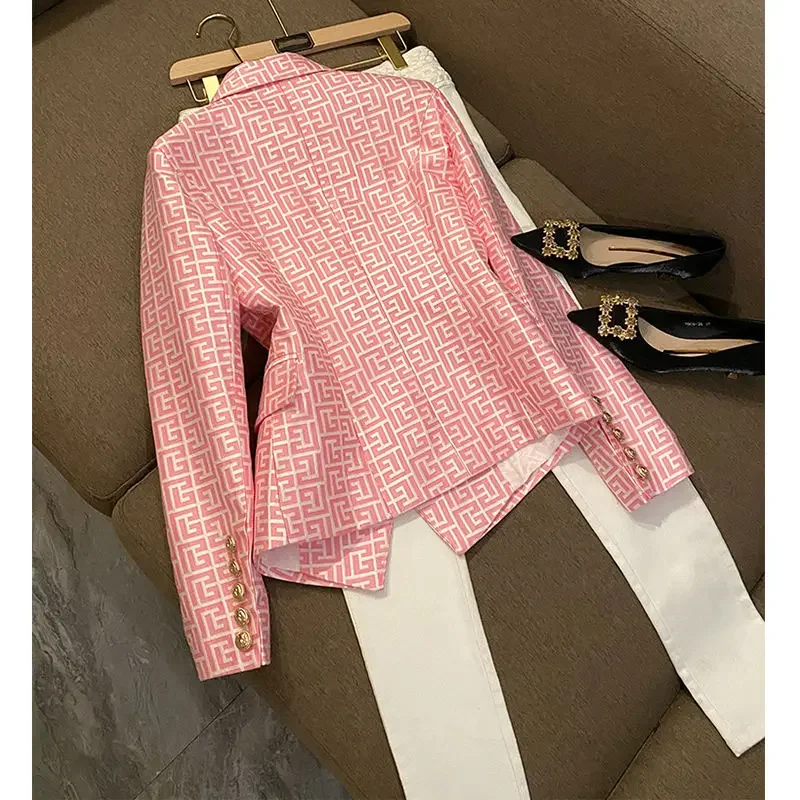 HIGH STREET Newest 2024 Designer Jacket Women Pink Lion Buttons Double Breasted Slim Fitting Monogram Jacquard Blazer