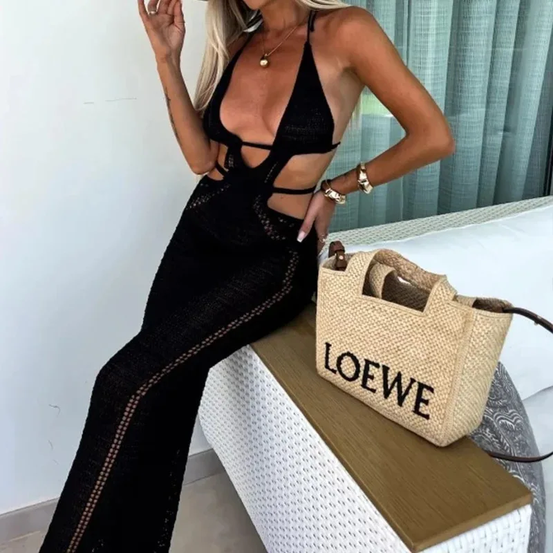 ボニーセクシーなスタイル中空アウトバックレスタイアップドレス女性ビーチ休暇ビーチウェアカバーアップニット日光浴日焼け止めドレス