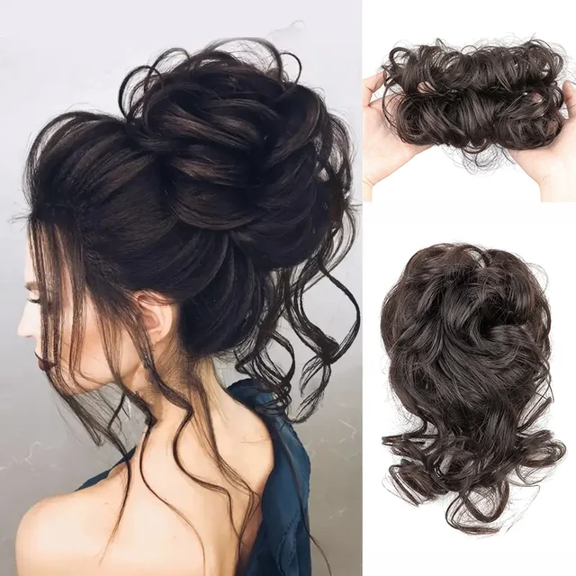 Syntetyczny roztrzepany kok z włosów Chignon Krótka kręcona opaska do włosów Elastyczna gumka Czarno-brązowa treska dla kobiet