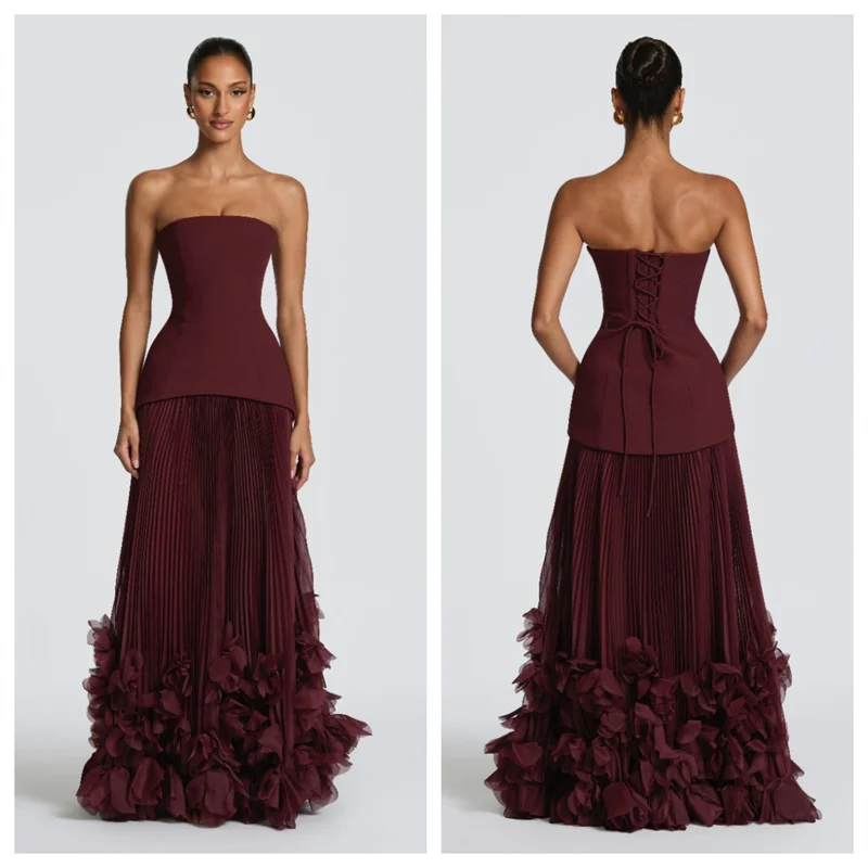 

Strapless Pleated Chiffon Prom Dresses A-Line Wedding Dress Elegant Sleeveless Customized Handcrafted Floral Evening Gowns 2026
