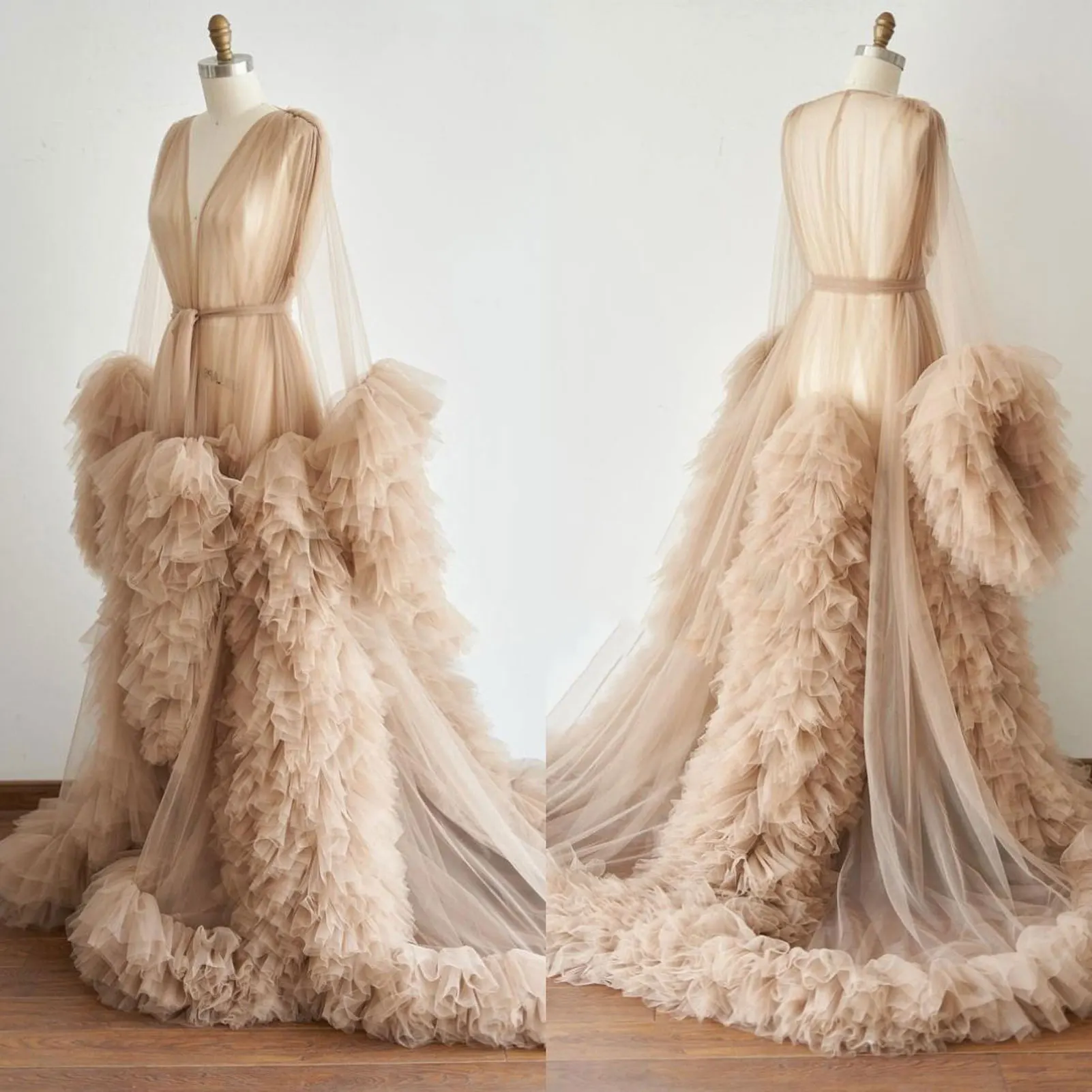 Unique Mother\'s Dresses Long Sleeves Tulle Maternity Robes Photoshoot Prom Gowns Fluffy Tiered Tulle Robe Formal Party Dress