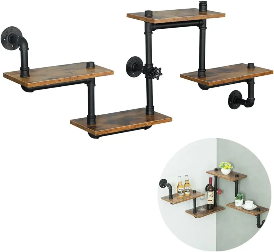 Industrial Pipe Shelving, Pipe Shelves with Wood Planks, Floating Shelves Wall Mounted, Retro Rustic Industrial Shelf for Bar Ki