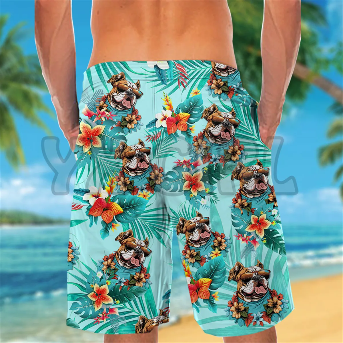 Chemise hawaïenne imprimée en 3D pour hommes, chemise hawaïenne colorée, short de plage, bouledogue portant des lunettes de soleil, cadeau d\'amour