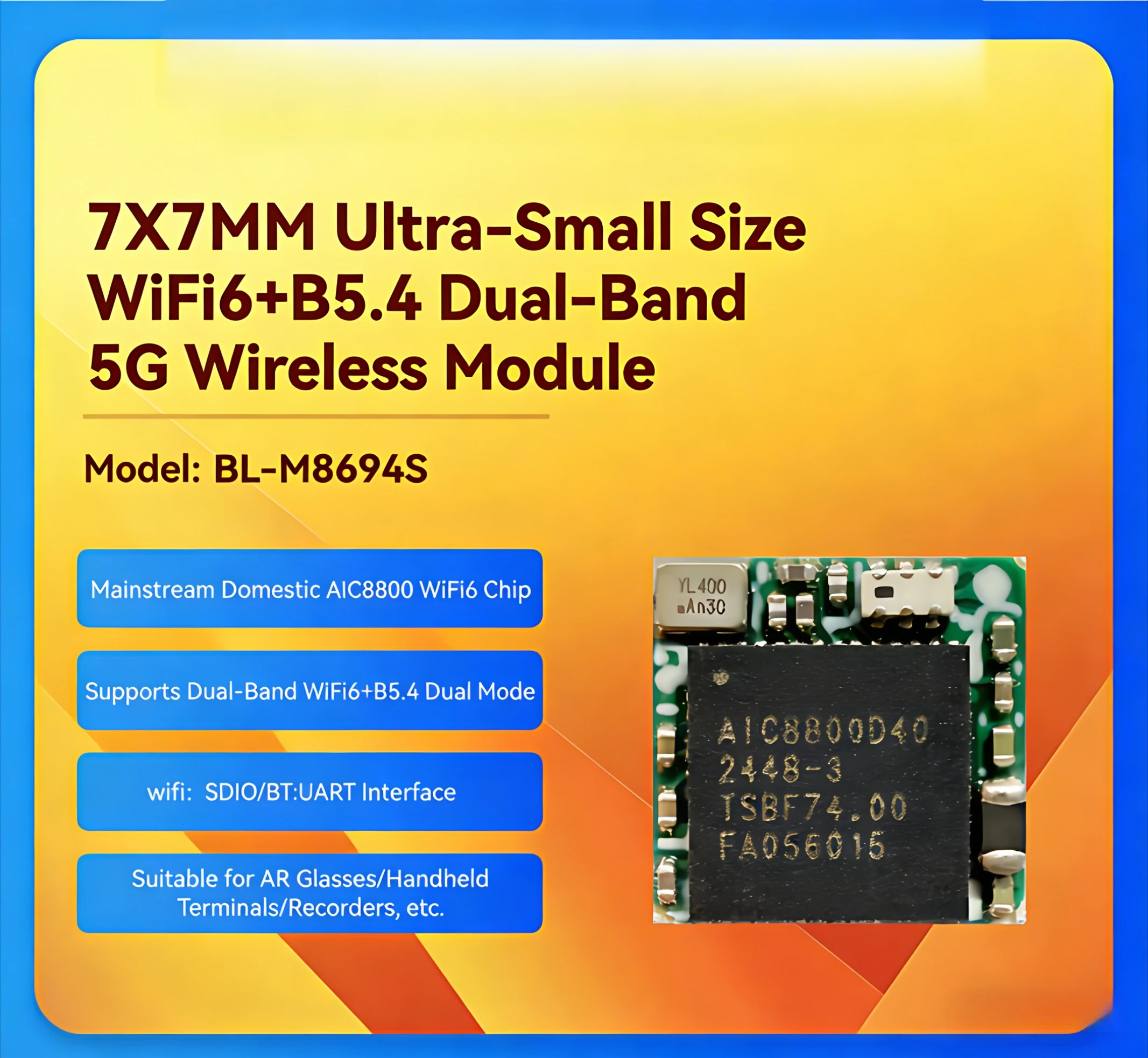 BL-M8694S with AIC8800D40 chip Mini WiFi6 Bluetooth Module SDIO Wireless for AR Glasses - Compact Chip Module