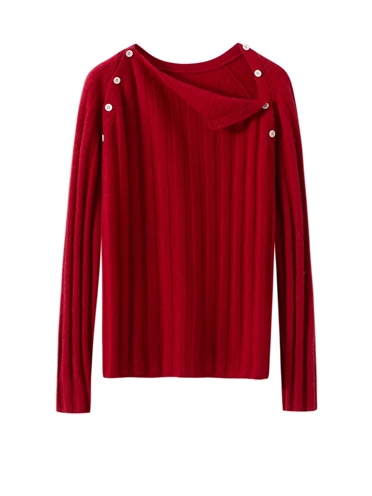 Suéter adelgazante de rayas verticales para mujer, Jersey de punto de Cachemira 100%, diseño de botones de doble botonadura, cuello oblicuo, Top suave y cálido