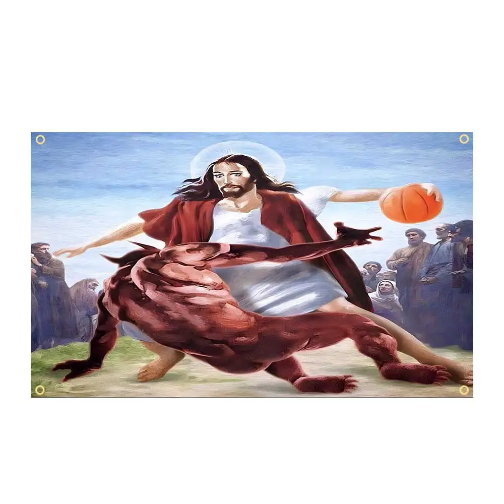 Jesus Vs Satan Flag God Basketball Banner Wall Hanging Pattern Tapestry Banner With Four Brass Grommet For Indoor Decoration