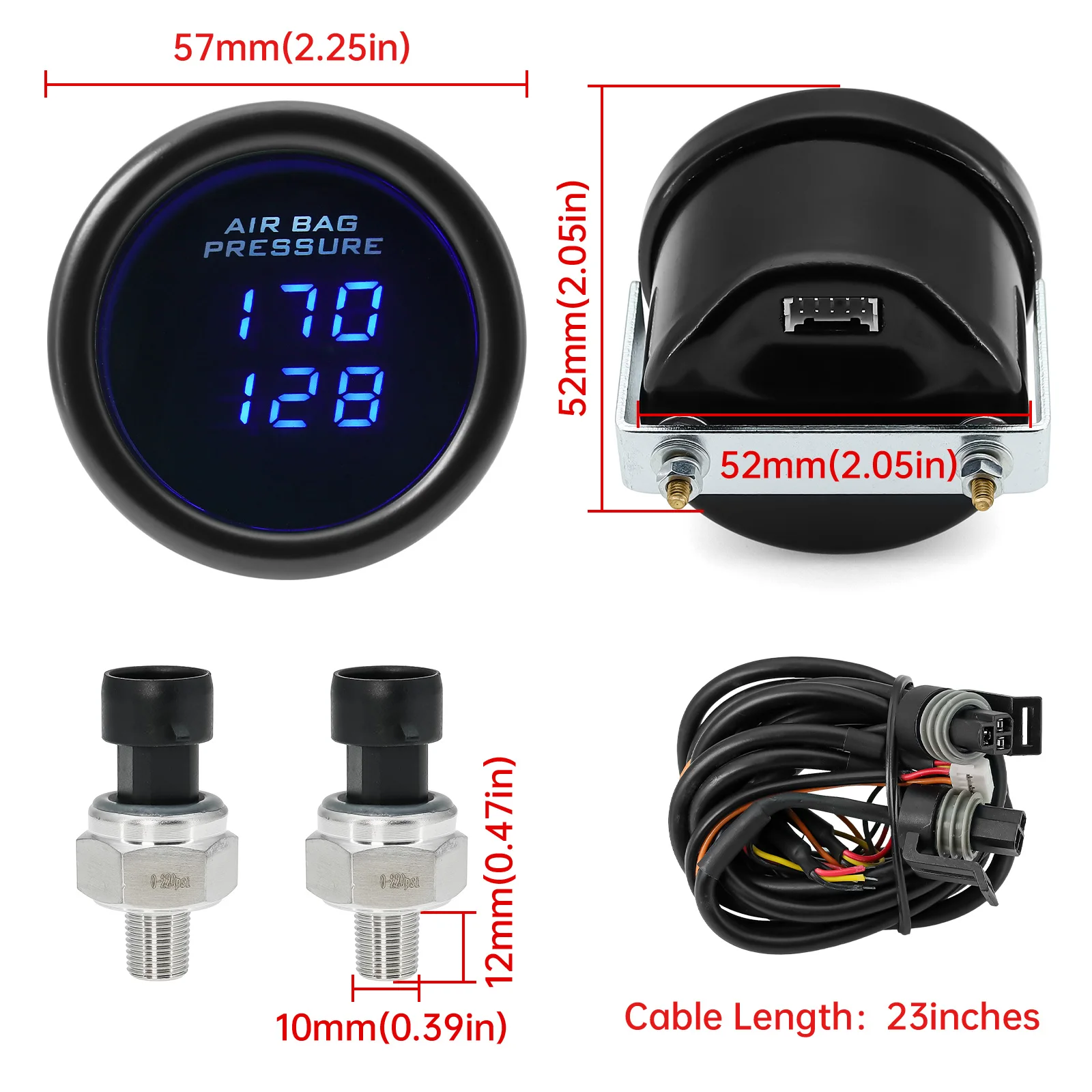 Niebieska manometr LED 52mm z podwójny wyświetlacz cyfrowy zawieszeniem pneumatycznym z czujnikami 1/8NPT i 5-metrowym przewodem 12V 24V