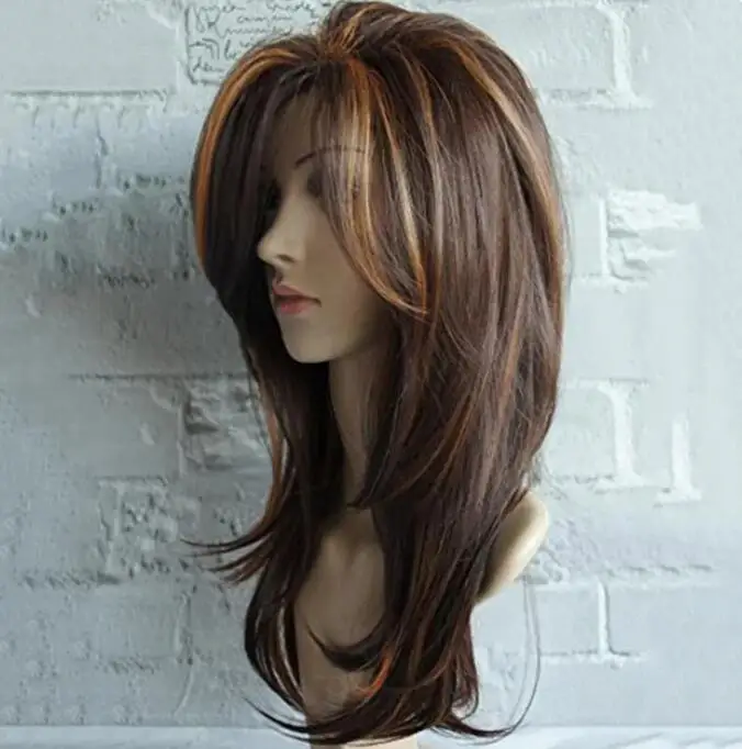 Synthetic Hair Long Layered Shoulder Length Brown with Camel Highlight Wig Heat Resistant Wigs with Bangs for Women