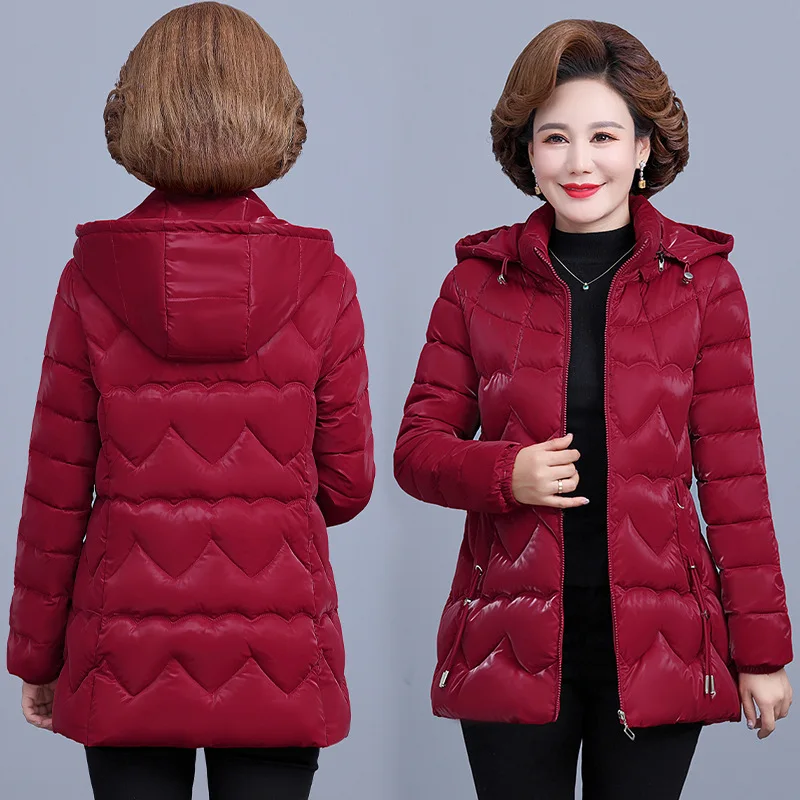 Chaqueta de invierno para madre de mediana edad Parkas para mujer 2025, nueva Chaqueta de algodón brillante, Parka con capucha, prendas de vestir informales cálidas, Tops para mujer