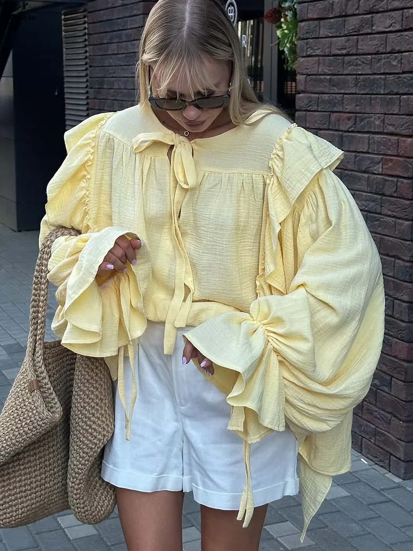 Oymimi Casualowe Żółte Koszule Damskie z Bawełny Eleganckie Bluzki z Dekoltem O-Neck, Falbankami, Długim Rękawem, Modne Bluzki Sznurowane, Luźne Bluzki Damskie