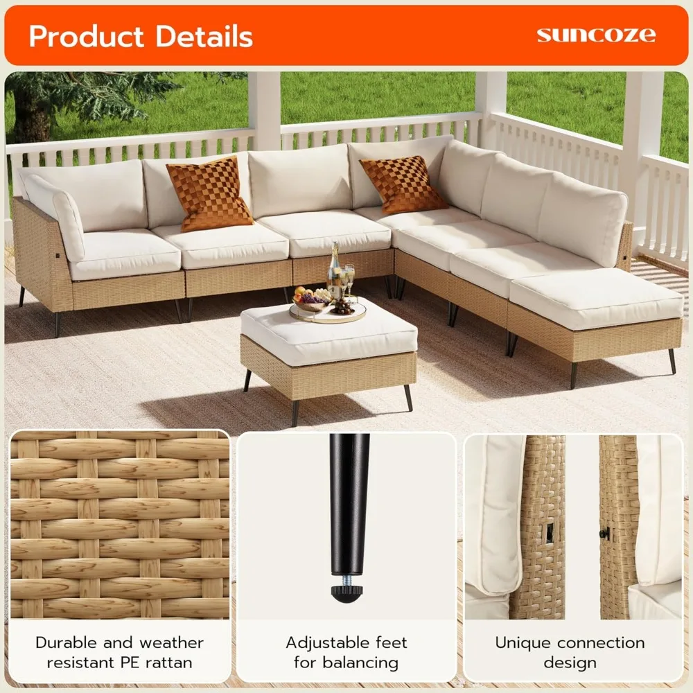 8 Pieces Outdoor Patio Furniture Sets, Outdoor Sectional Furniture PE Rattan Wicker Sofa Set, All Weather Patio Conversation Se
