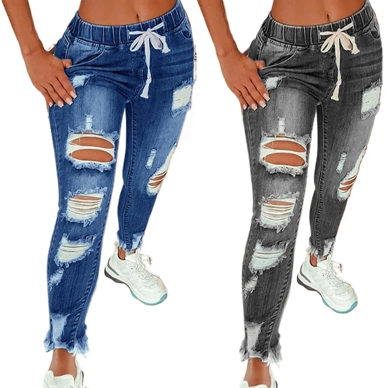 

Stretchy Ripped Hole Jeans Women 2024 New Elastic Waist Straight Denim Pencil Pants Ladies All-Match Casual Slim Denim Trousers