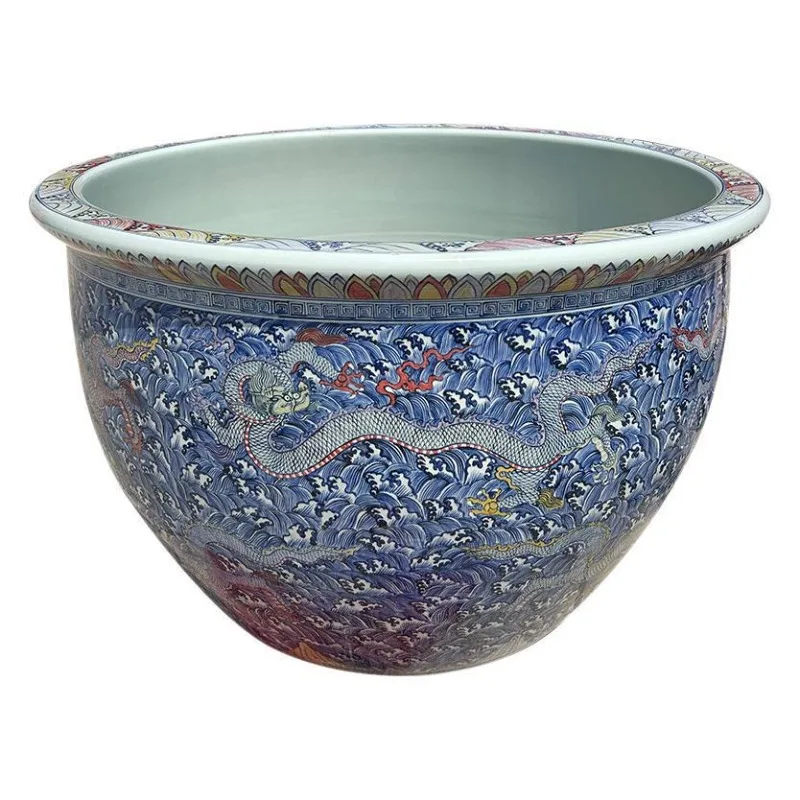 Ceramic blue and white dragon pattern fish tank, turtle water lily lotus pot, household garden water tank, goldfish tank