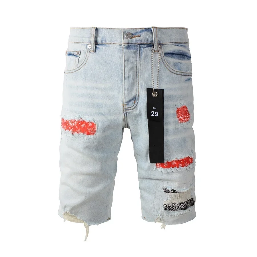 Top quality New Purples Jeans Shorts Men Trendy Elastic Edged Middle Pants Irregular light Blue Color Washed Denim brand pants