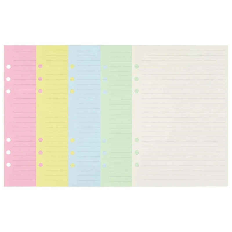 A5 Colorful 6-Hole Punched Ruled Refills Inserts For Organizer Binder, 5-Color Loose Leaf Planner Filler Paper,50 Sheets