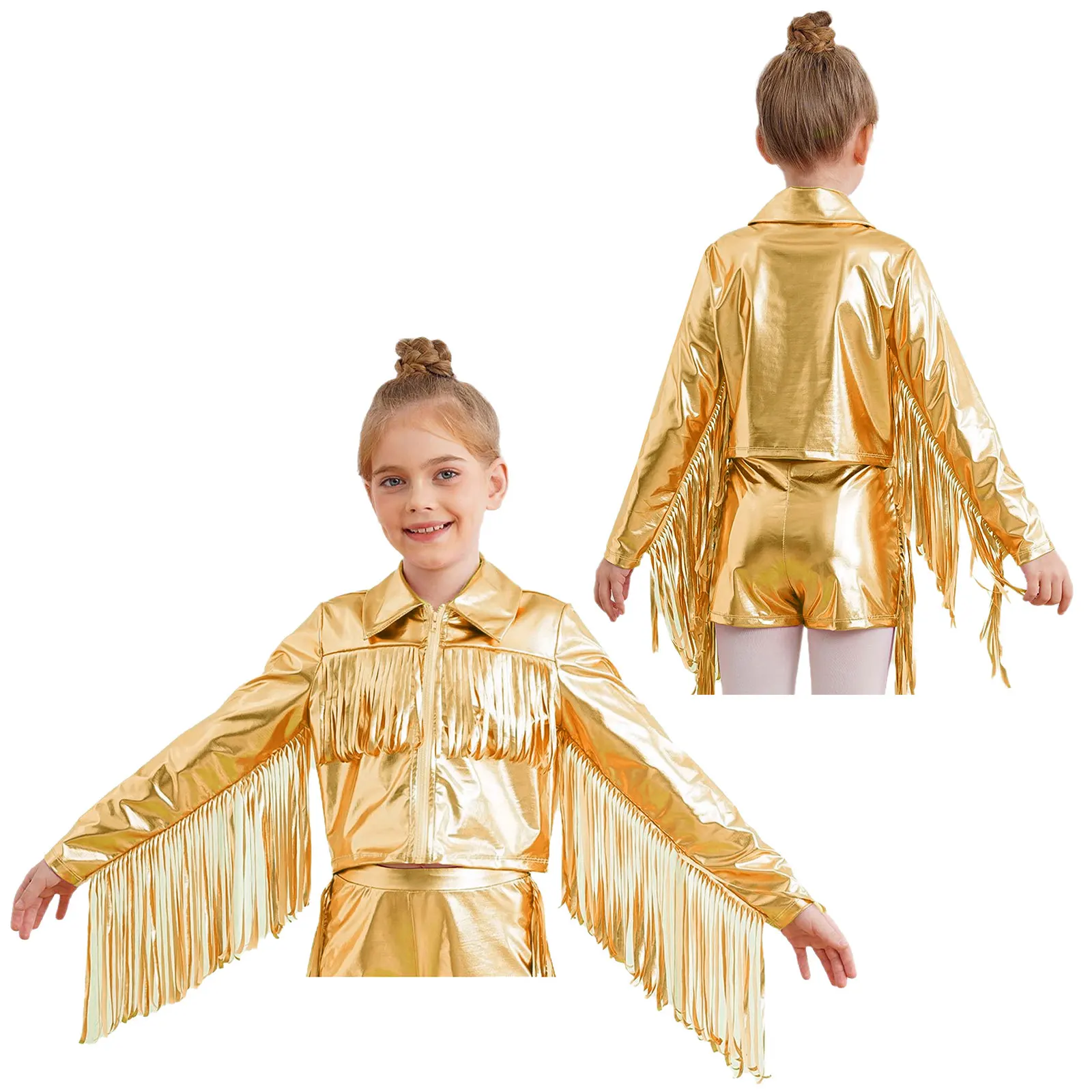 Children Metallic Streetwear Motorcycle Coat Kids Girls Performance Hip-Hop Clothes Jazz Dance Costume Streetclothes Jacket
