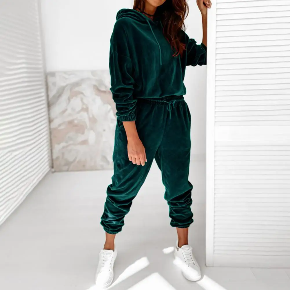 Stylish Hoodie Trousers Suit Long Sleeves Hat Ankle-length Hoodie Pants Set  Pockets Women Winter Tracksuit Lady Garment