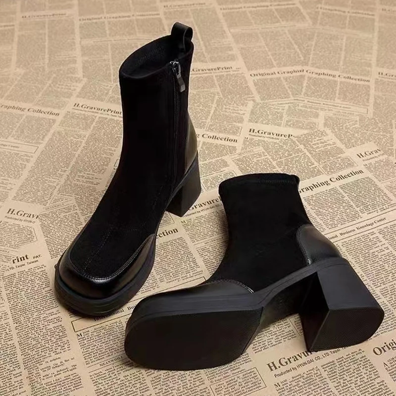 

Women Ankle Boots High Heels Suede Fashion Chunky Shoes Winter Luxury Woman Pumps 2025 Designer Dress New Femme Chelsea Botas