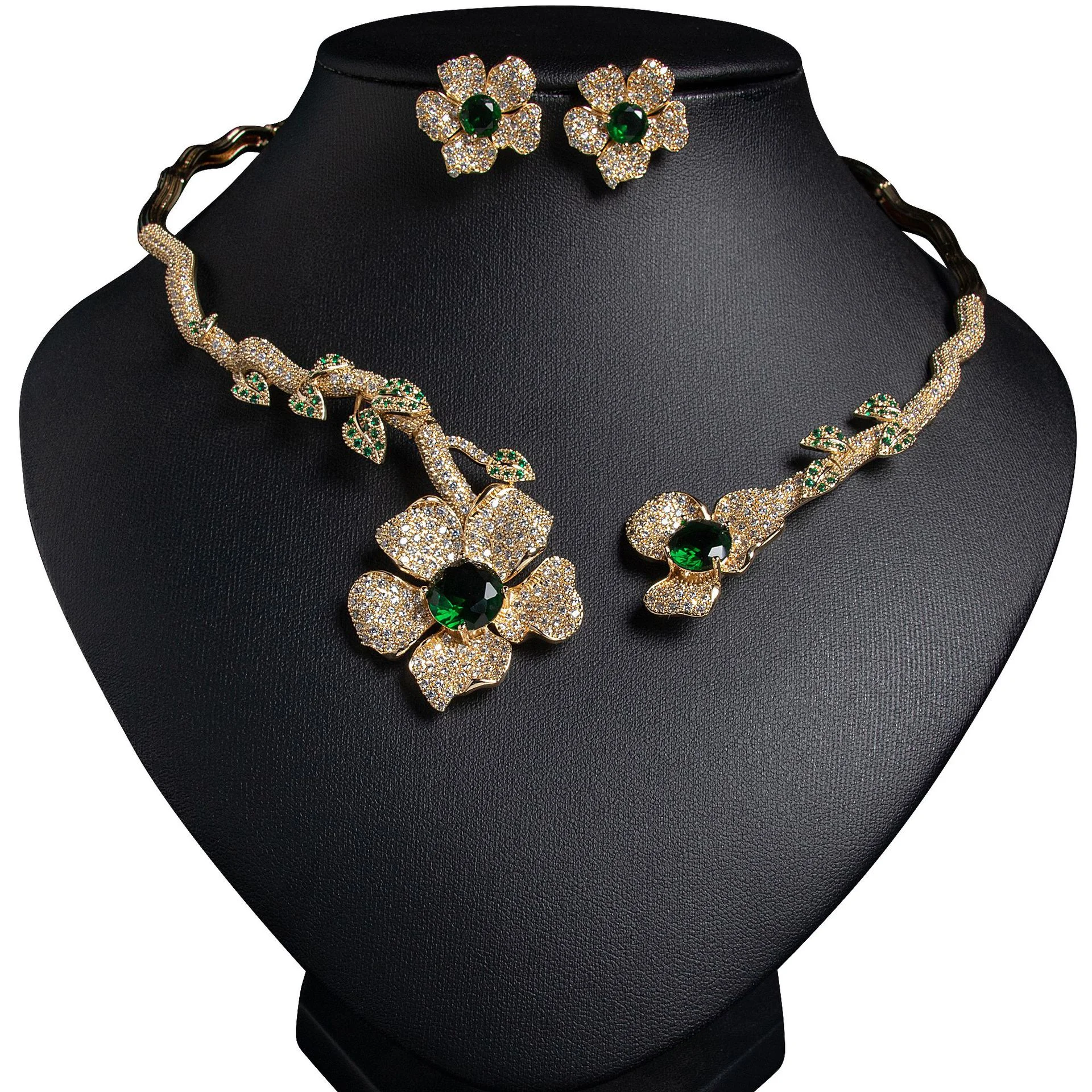 

Luxury Heavy Inlaid Full Zircon Branch Flower Jewelry Set Elegant High-end Floral Brooch Fashion Women Accessories
