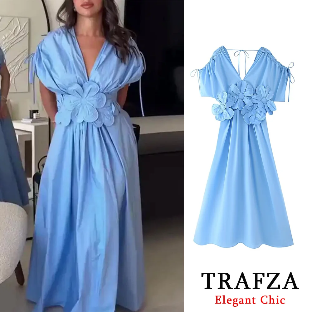 TRAFZA Vintage Cubic Floral V-Neck Short Sleeve Drawstring Maxi Dress Women New 2024 Spring Summer Fashion Party Holiday Dress