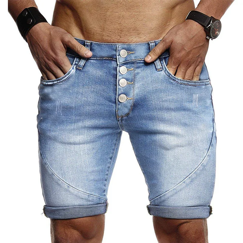 Cross Border Fashion and Foreign Trade New Summer Men's Thin Perforated European and American Blue Denim Shorts