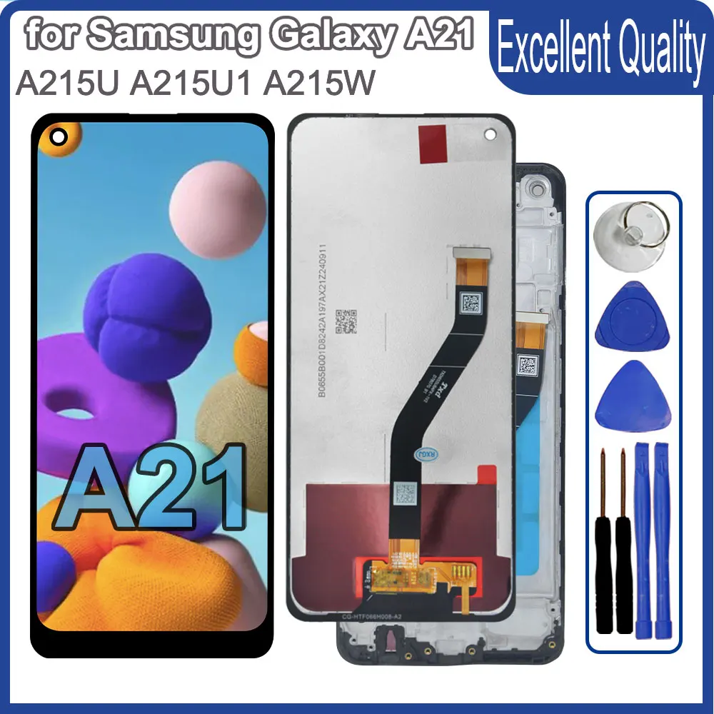 Pantalla LCD 100% Probada para Samsung Galaxy A21, Pantalla Táctil Digitalizadora de Repuesto para Samsung A21 A215F A215U con Marco