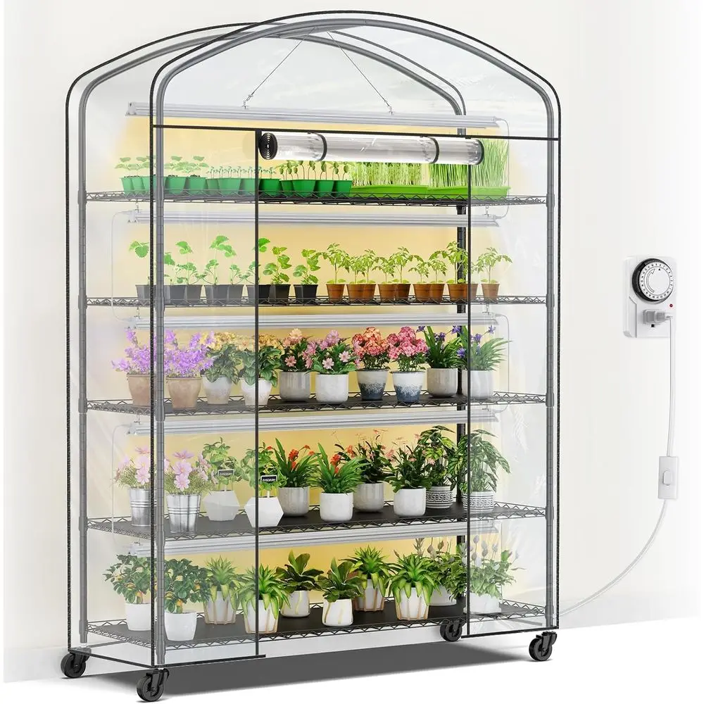 5-Tier Adjustable Metal Plant Stand with PVC Cover, 2900K Spectrum Lights, 21x60x80 Greenhouse