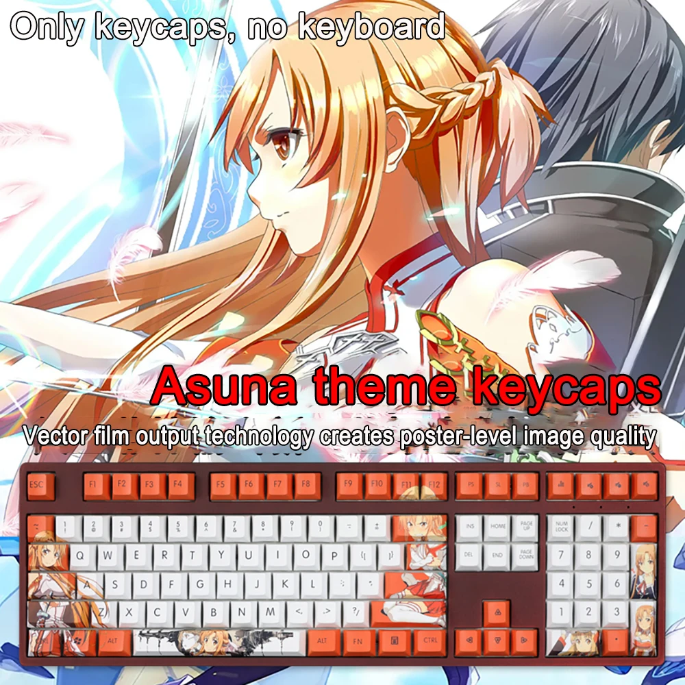 Sword Art Online Keycaps Asuna 108 Keys PBT Dye Subbed Keycaps Cherry Anime Cartoon Gaming Key caps For ANSI 61 87 104 108 Keys