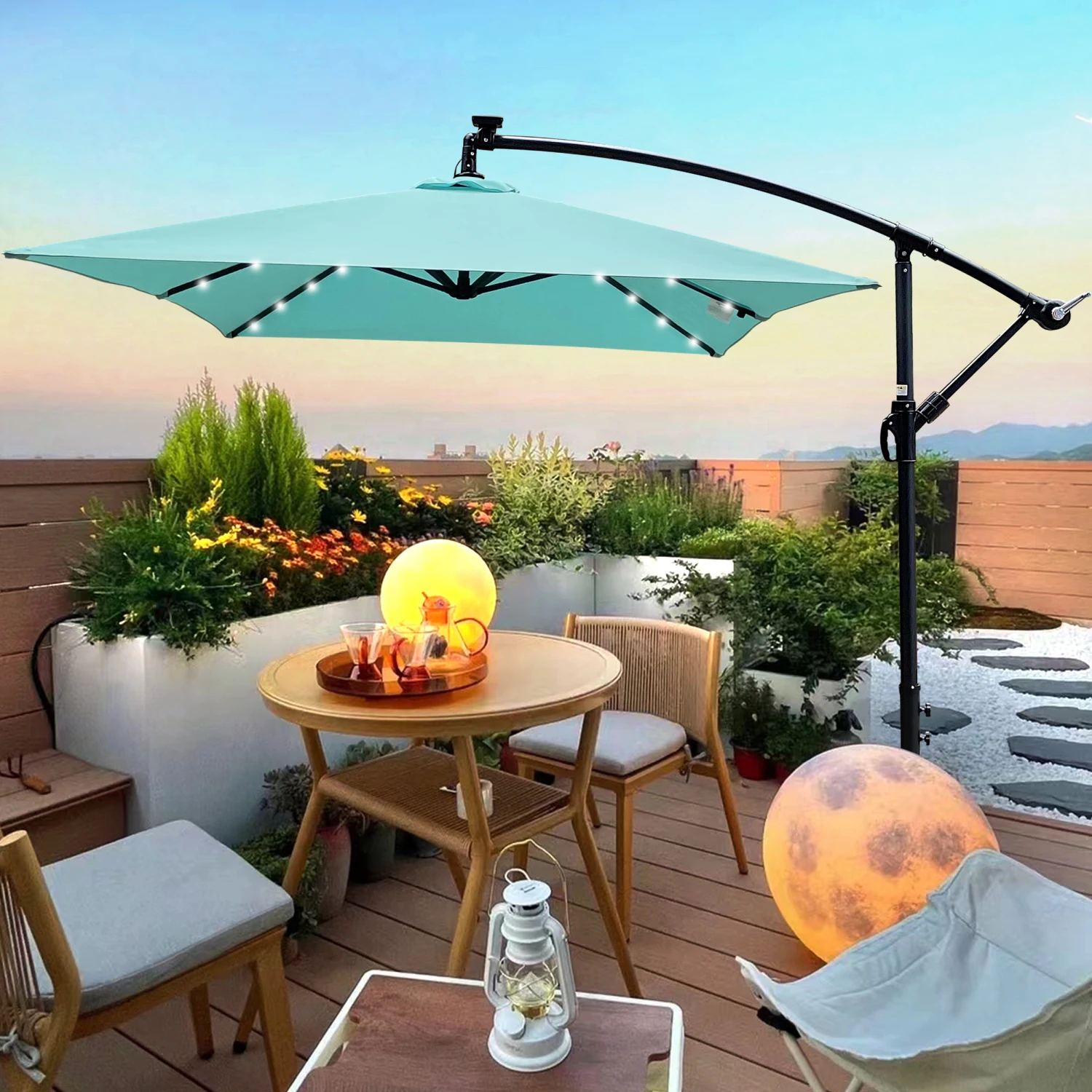 

Rectangle 2x3M Outdoor Patio Umbrella Solar Powered LED Lighted Sun Shade Market Waterproof 6 Ribs Umbrella with Crank and Cross