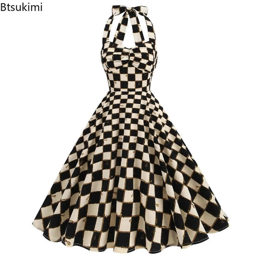 Nouveau 2025 femmes Vintage licou robe Rose fleur damier élégant balançoire robe Rockabilly Cocktail thé robe de soirée pour les femmes