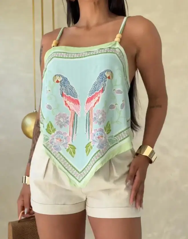 

2026 Tropical Animal Plants Print Square Neck Adjustable Spaghetti Straps Top Sexy Backless Tie Back Asymmetrical Hem Cami Top